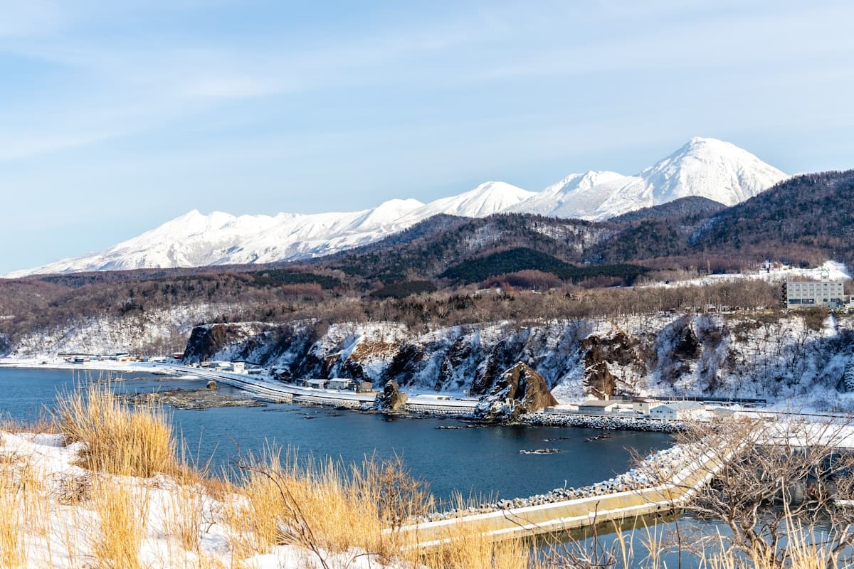Brown grass field near a lake with snow-covered mountains in Hokkaido
