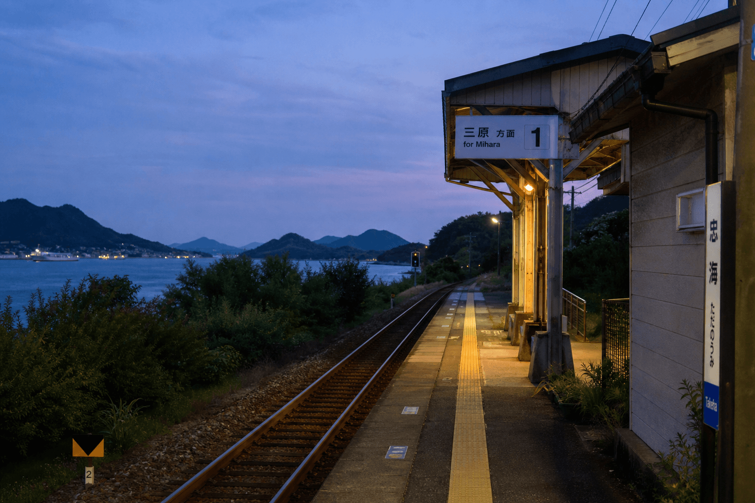A rural train platform at evening with warm station lights and a single track leading toward coastal hills at dusk