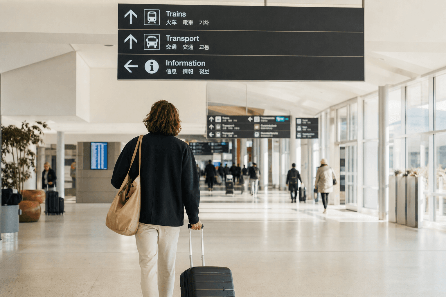 A traveler seen from behind following overhead arrival signage through a bright airport concourse.