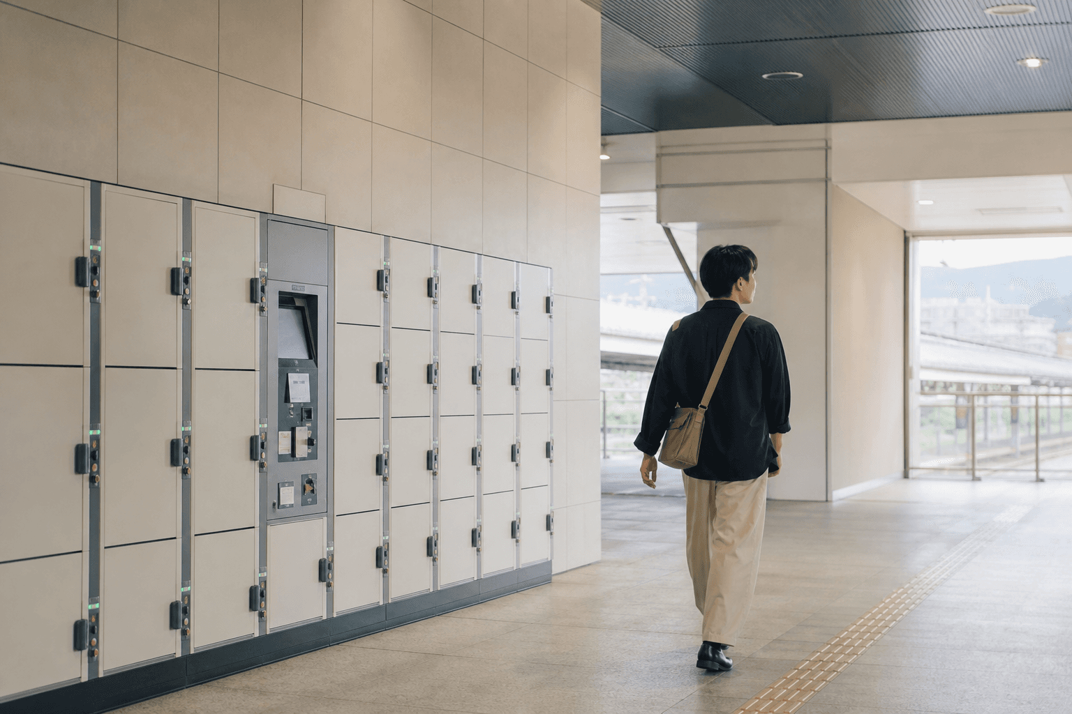 A traveler walking past coin lockers with only a shoulder bag.