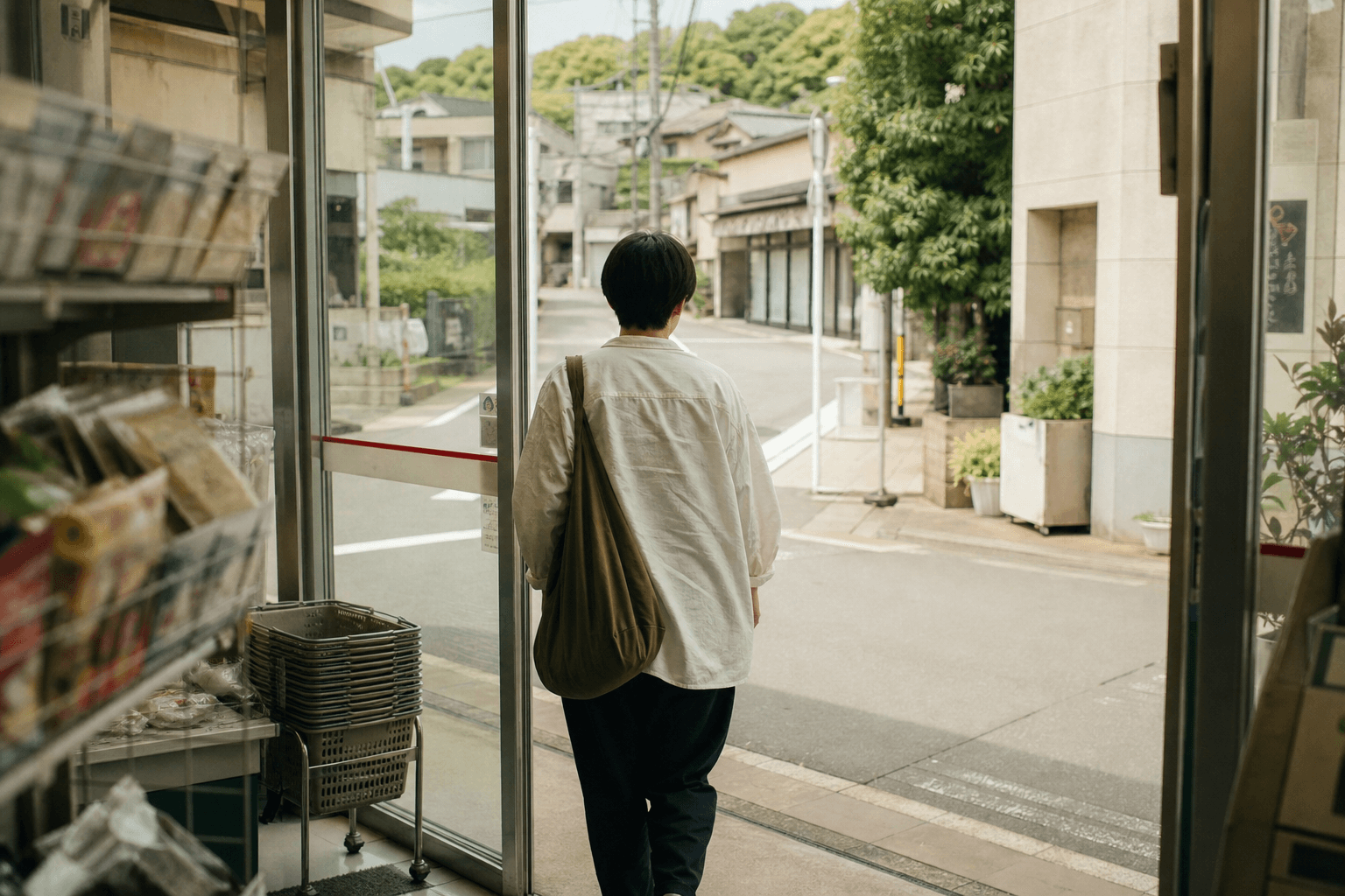 A traveler seen from behind stepping out of a small corner convenience store onto a quiet sidewalk.