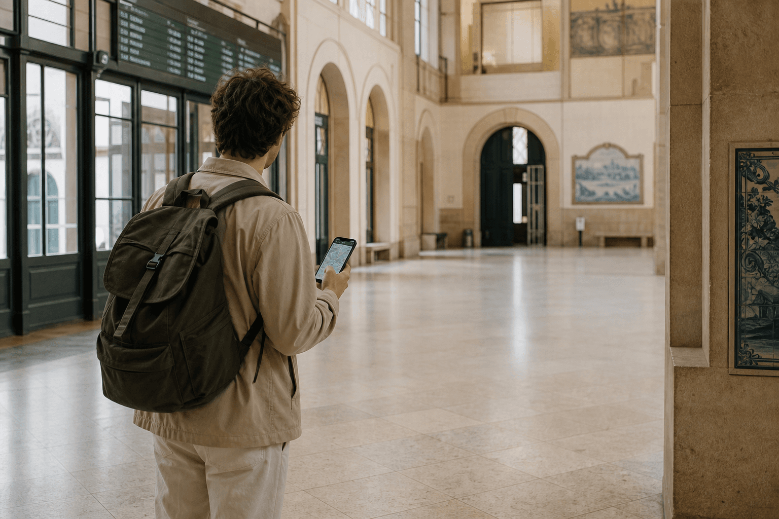 A traveler seen from behind standing on a station concourse checking a map on a phone.