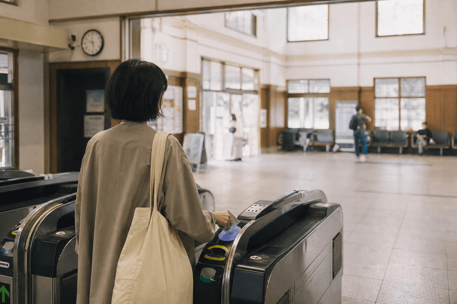 A traveler seen from behind tapping a card at a station ticket gate.