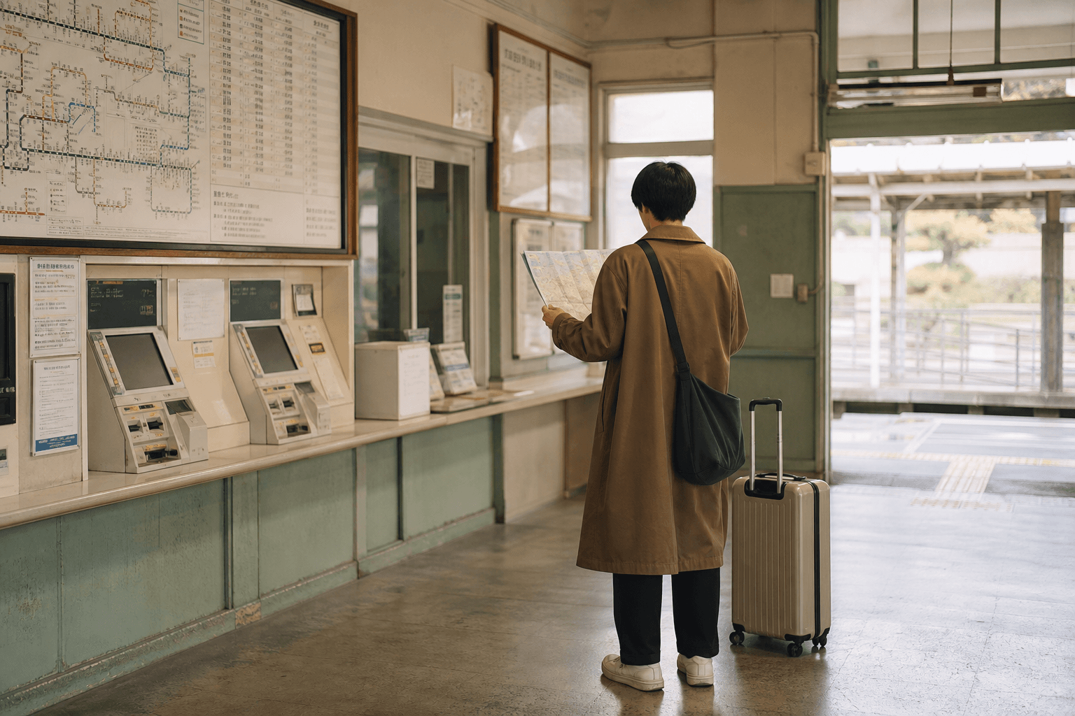 A traveler seen from behind comparing a route map with a timetable in a quiet station ticket area.