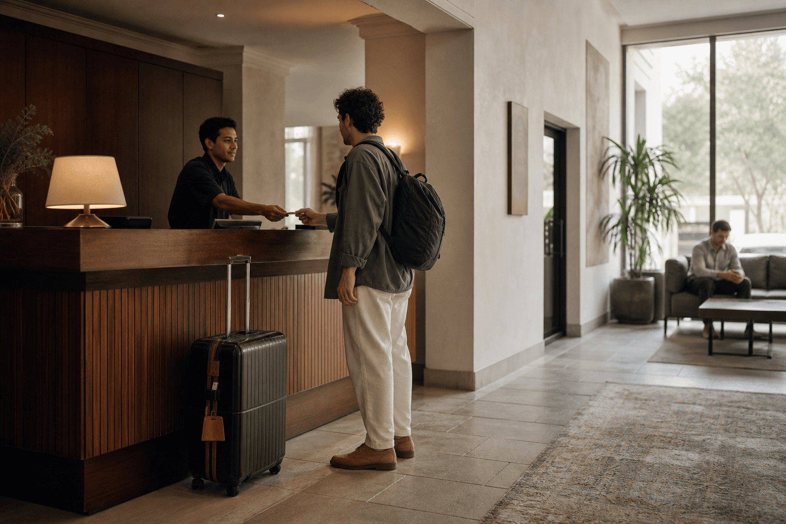 A tagged suitcase on the floor beside a hotel front desk while a traveler holds a small day pack.