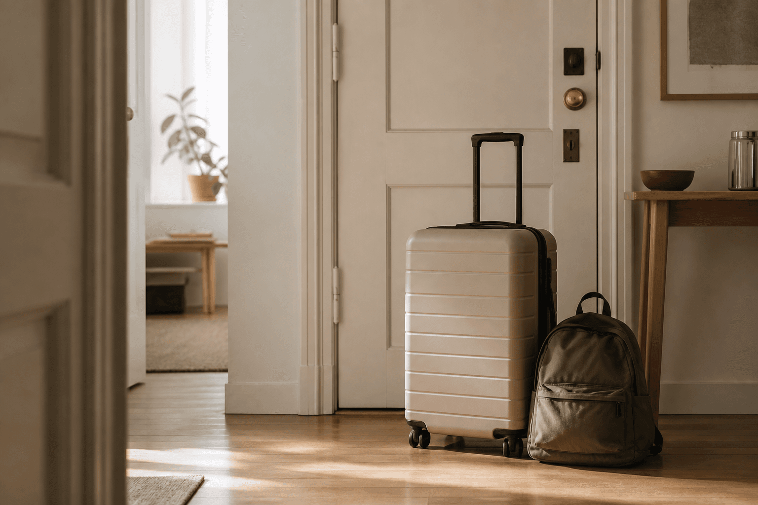 A modest suitcase and small day pack closed beside a simple door before departure.