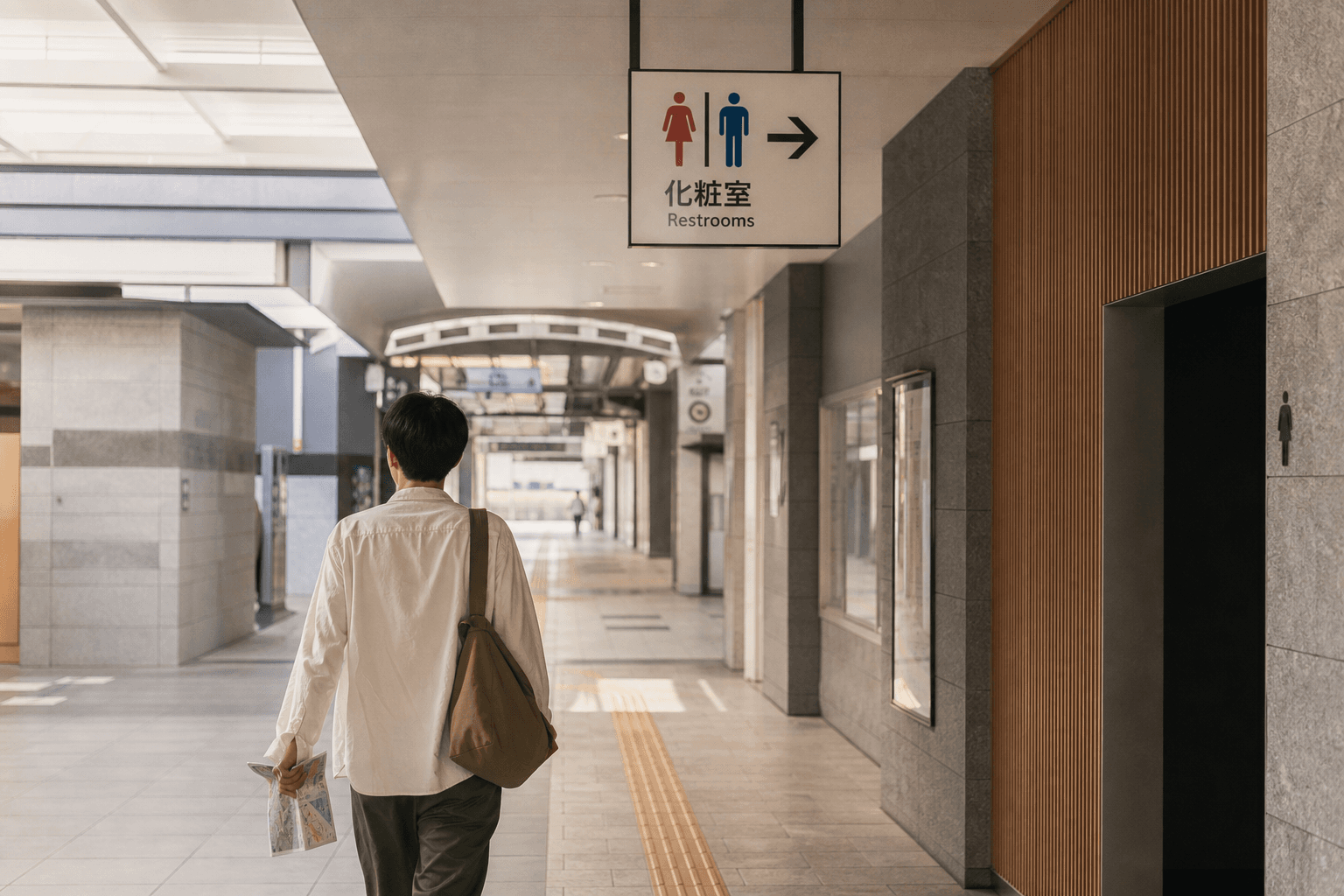 A traveler seen from behind walking through a station concourse toward restroom signage.