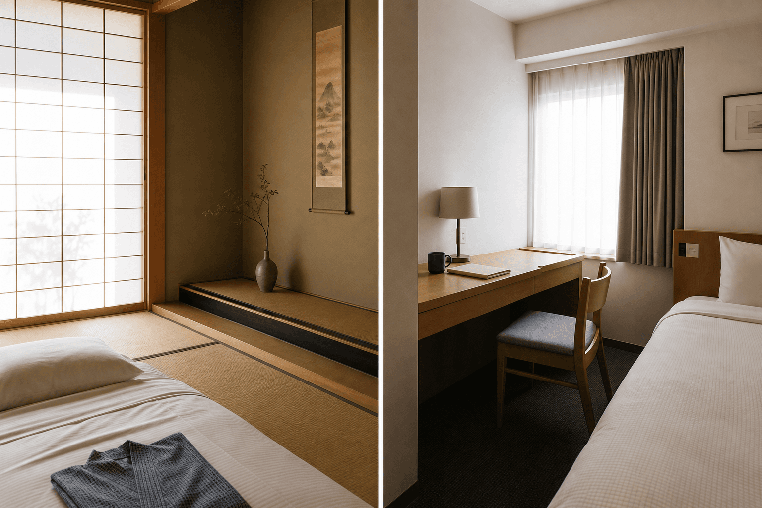 Soft tatami and shoji light beside a modest western hotel desk in a calm interior.