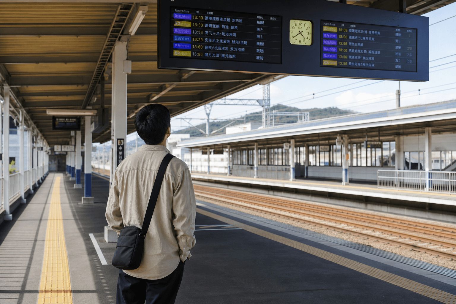 A traveler seen from behind reading a departure board on a train platform.