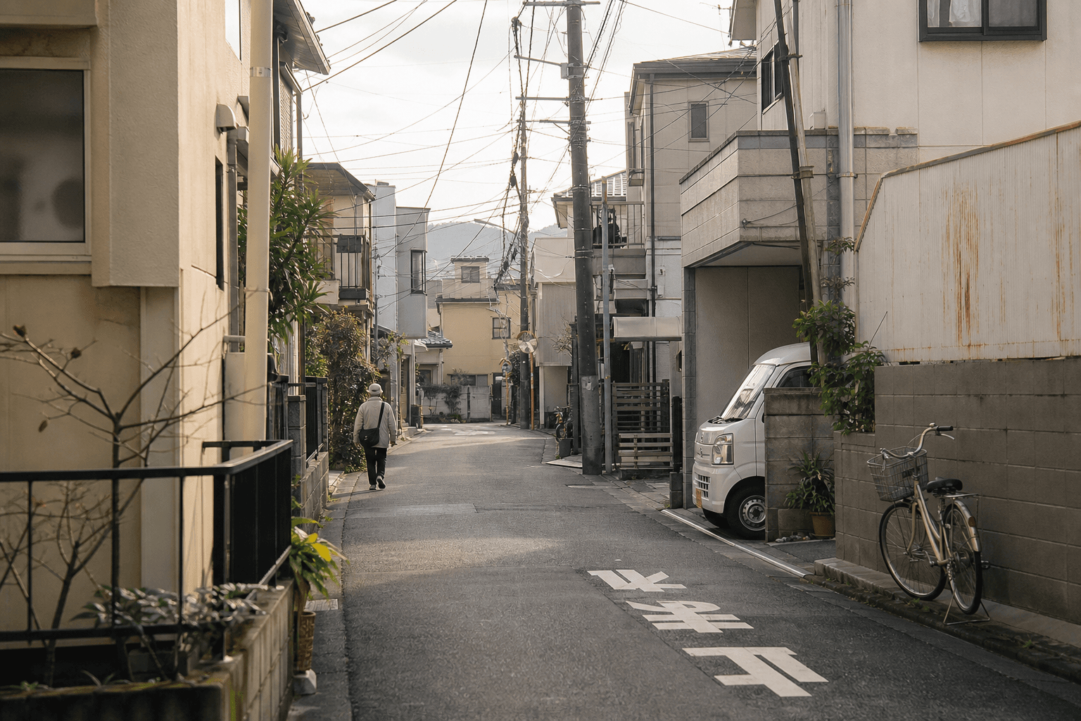 A quiet Tokyo residential side street in soft early morning light.
