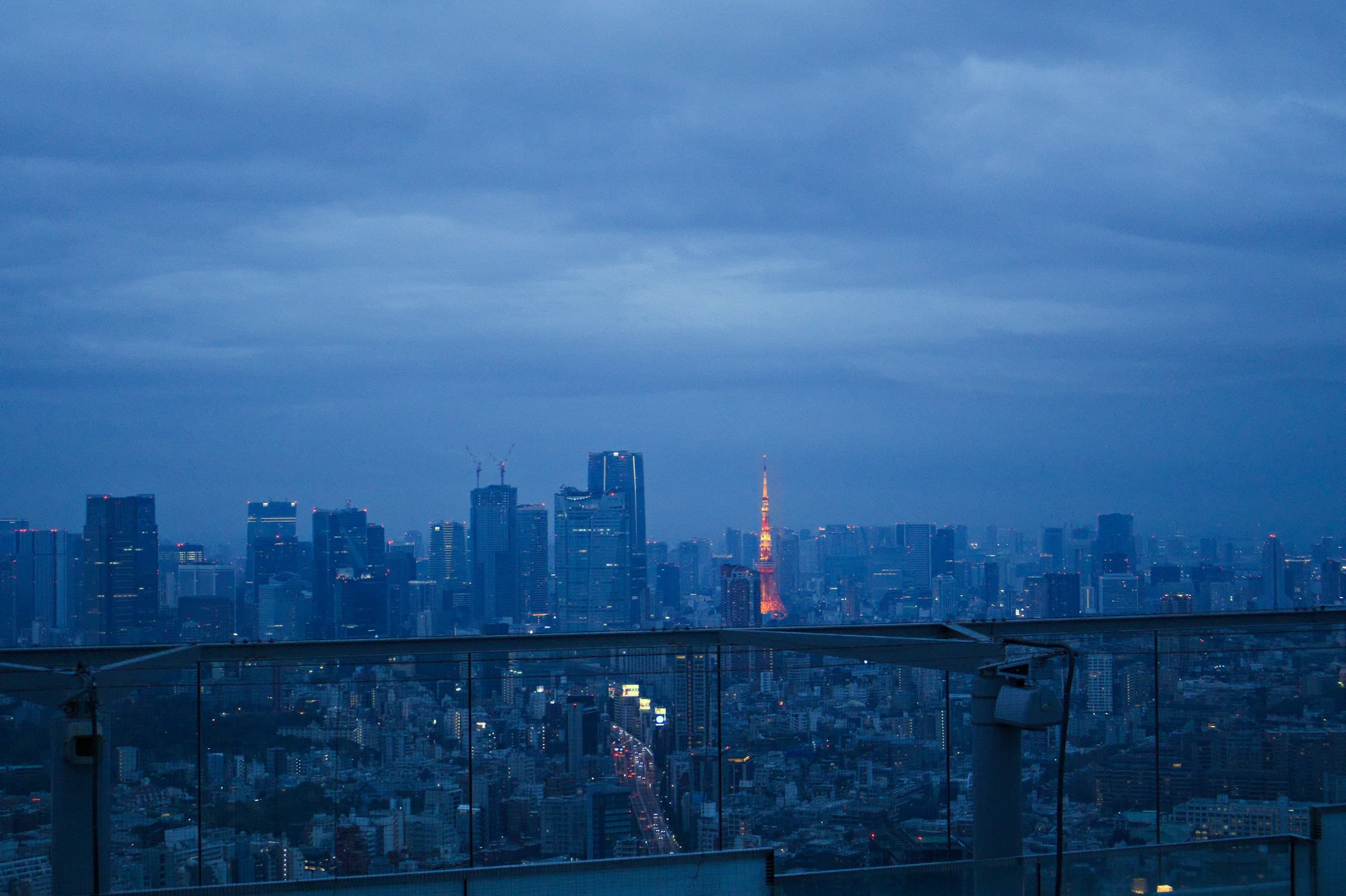 Tokyo skyline at dusk viewed from a distance, with illuminated high-rises across the urban expanse.