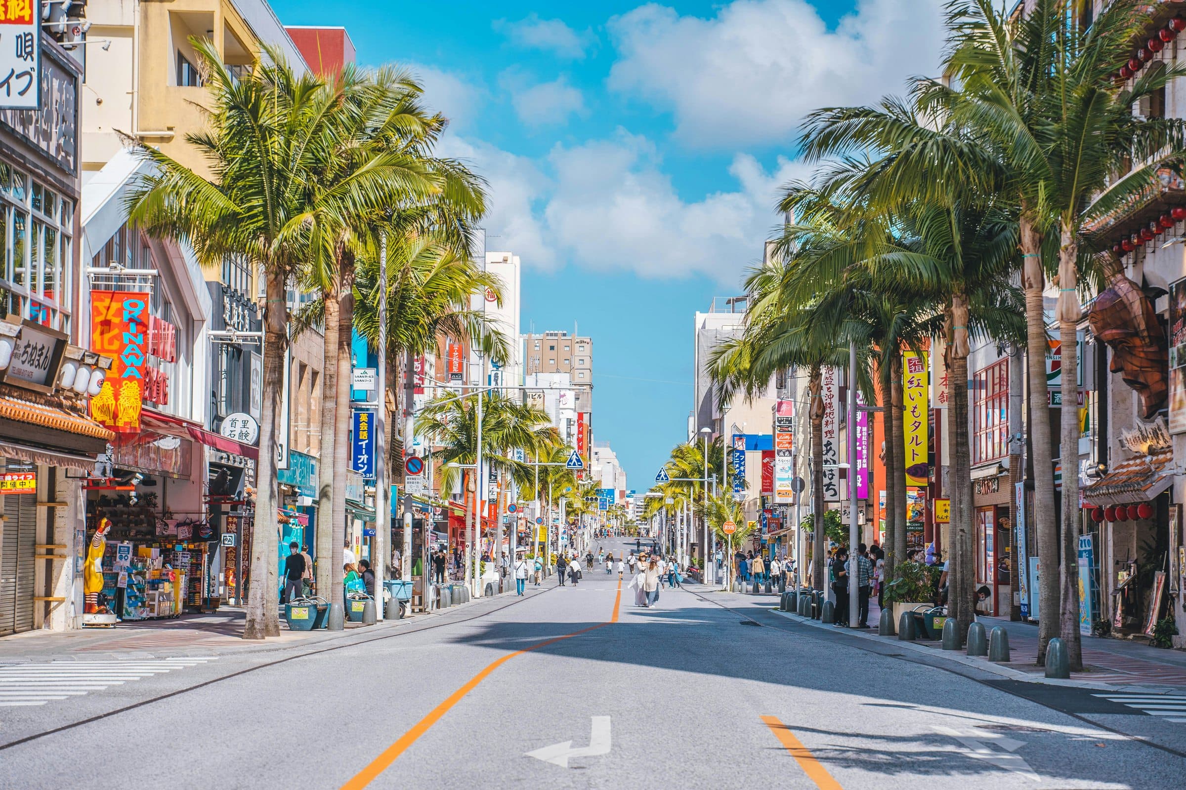 A palm-lined street in central Naha with shops, signage, and pedestrians.